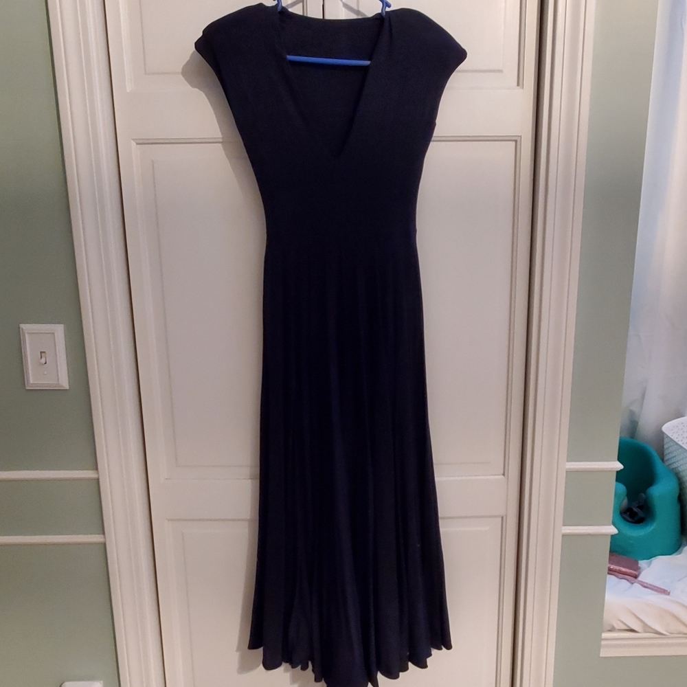 Long navy dress with light shoulder pads